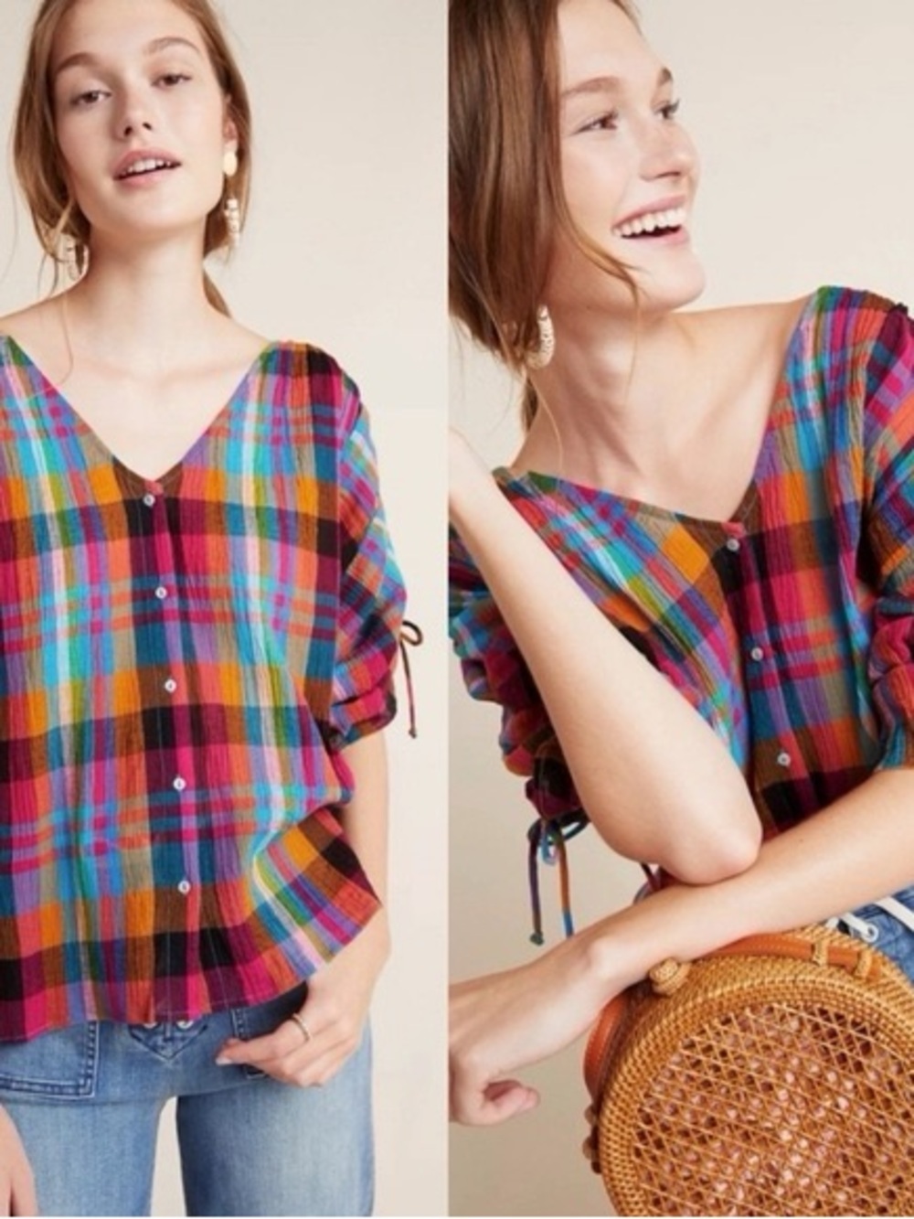 Anthropologie Maeve Madras Multicolor Plaid Cotton V Neck Boho Blouse Size XS